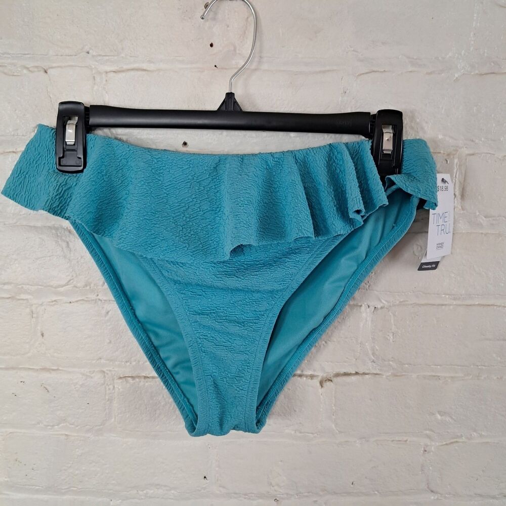 Time And Tru Teal Womens S(4-6) Popcorn Textured Ruffle Highwaist Swim Bottoms